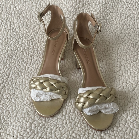 NWOT Bernardo Anthropologie Bethany Gold Braided Strap Block Heels - Picture 5 of 16